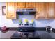 Kitchen area featuring a sleek stove with stainless steel range hood and dark granite counters at 4515 Isaac Ln, Sanford, FL 32771
