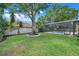 Spacious backyard with lush green grass, a large shade tree, and a screened-in pool area at 7549 Lake Marsha Dr, Orlando, FL 32819