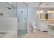 Bathroom with a frameless glass shower, soaking tub, a modern vanity, and updated fixtures at 7549 Lake Marsha Dr, Orlando, FL 32819