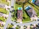 Aerial top-down view of the property featuring a pool and lush landscaping in a well-maintained neighborhood at 7739 Graben St, Kissimmee, FL 34747