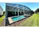 Relaxing screened-in pool and spa area features a backyard view with lush green lawn at 1513 Maidstone Ct, Davenport, FL 33896