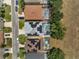 An aerial view showcases a home with solar panels and a pool, nestled within a residential neighborhood at 325 Aldridge Ln, Davenport, FL 33897