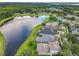 An aerial view of the neighborhood homes and the pond with green grass and trees at 9942 Sweetleaf St, Orlando, FL 32827