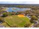 Aerial view showcasing a baseball field and soccer fields adjacent to a picturesque lake at 1266 Saint Albans Loop, Lake Mary, FL 32746