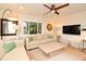 Comfortable living room with modern ceiling fan, bright decor, and stylish furnishings at 507 N Peninsula Ave, New Smyrna Beach, FL 32169