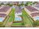 Aerial view of a fenced backyard, a pool with an attached spa, and manicured green lawn at 7521 Marker Ave, Kissimmee, FL 34747