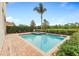 Backyard view of a pool, spa, patio area, and green hedges under a bright sky at 7521 Marker Ave, Kissimmee, FL 34747