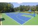Well-maintained basketball court with colorful surface, benches and a hoop surrounded by lush green trees at 14780 Hartford Run Dr, Orlando, FL 32828