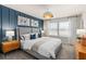 Serene main bedroom with a gray bed, soft lighting, and blue accent wall with natural light at 2582 Winsome Way, Davenport, FL 33896