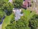 Aerial view showcasing a charming home nestled amongst lush trees, featuring a spacious driveway and manicured grounds at 33925 Highland Rd, Leesburg, FL 34788