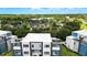 Community aerial view of modern townhouses near resort-style pool and clubhouse, surrounded by lush greenery at 7770 Sandy Ridge Dr # 234, Reunion, FL 34747