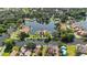 Aerial view of neighborhood featuring lakefront homes, lush green trees and waterways at 1085 Island Way, Leesburg, FL 34748