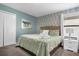 Bedroom featuring patterned wallpaper, a window and light blocking shades, and a king bed at 2927 Fable St, Kissimmee, FL 34746