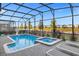 Serene screened-in pool and spa with lakeside views, surrounded by lush greenery and a tranquil setting at 2927 Fable St, Kissimmee, FL 34746