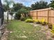 Backyard featuring a privacy fence, vibrant bromeliads, and a palm tree at 340 Haversham Way, Davenport, FL 33897