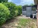 View of backyard featuring screened in lanai with tropical plants, a pool filtration system and lush green foliage at 340 Haversham Way, Davenport, FL 33897