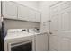 Laundry room with modern washer and dryer, white cabinets, and convenient shelving at 3696 Peacepipe Ct, Clermont, FL 34711