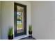 Close up of the black front door with decorative plants on either side and textured walls at 934 Jessamy St, Oviedo, FL 32765