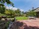 Backyard with brick-lined patio, palm trees, green grass, and surrounding greenery at 208 Frinton Cv, Longwood, FL 32779
