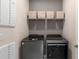 Well-equipped laundry room with modern front-loading washer and dryer and storage shelves at 2333 Daisy Tree Rd, St Cloud, FL 34771