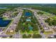 Beautiful aerial view of a community with a pool, tennis court, lush greenery, and well-maintained homes surrounding a lake at 3174 Grasmere View Pkwy, Kissimmee, FL 34746