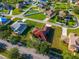 A bird's-eye view captures a neighborhood, showcasing homes with well-manicured lawns and a home with solar panels on the roof at 3174 Grasmere View Pkwy, Kissimmee, FL 34746