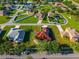 A bird's-eye view captures a neighborhood, showcasing homes with well-manicured lawns and a home with solar panels on the roof at 3174 Grasmere View Pkwy, Kissimmee, FL 34746