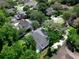 Aerial shot showcasing a home's screened pool and mature trees in a peaceful residential neighborhood at 460 W Palm Valley Dr, Oviedo, FL 32765