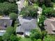 Overhead view of a home featuring a screened pool and mature landscaping, nestled in a quiet neighborhood at 460 W Palm Valley Dr, Oviedo, FL 32765