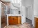 Bathroom with light brown wood vanity, a large mirror, and a walk-in shower with decorative glass blocks at 1638 Whitney Isles Dr, Windermere, FL 34786