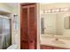 Bathroom showcasing a single sink vanity, a walk-in shower, and wood accents at 2409 Pinyon Ct, Kissimmee, FL 34746