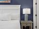 Comfortable bed with a white headboard, stylish lamps, and a bedside table at 2920 On The Rocks Pt, Kissimmee, FL 34747