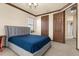 Bedroom with a gray upholstered bed, neutral carpet, and paneled doors at 3041 Boating Blvd, Kissimmee, FL 34746