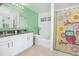 Bathroom with double vanity, garden tub, and colorful shower curtain adding a playful touch at 5151 Preserve Blvd, St Cloud, FL 34772