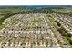 Aerial view of a residential neighborhood with many single-Gathering homes and a lake in the distance at 9356 St Therese St, Groveland, FL 34736