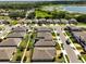 Drone view of a community neighborhood featuring many single-Gathering homes and landscaped lawns at 9356 St Therese St, Groveland, FL 34736