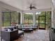 Inviting covered patio featuring comfortable seating, stylish decor, and serene views of the backyard at 20199 Sweetwood Ln, Clermont, FL 34715