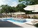Beautiful swimming pool surrounded by lounge chairs, umbrellas, tropical trees, and a covered cabana at 213 Breezeway Dr, Davenport, FL 33897