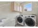 Well-equipped laundry room with modern washer and dryer, utility sink, and storage cabinets at 231 Chestnut Creek Dr, Apopka, FL 32703