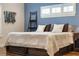Bright bedroom featuring a comfy bed, blue accent wall and plantation shutters at 2106 Tuscarora Trl, Maitland, FL 32751