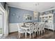 Elegant dining room with stylish chandelier, seating for eight, and blue accent wall at 2215 Guiana Plum Dr, Orlando, FL 32828