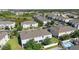Aerial view showcasing a townhome community with green spaces, parking, and a nearby pool at 281 Primrose Dr, Davenport, FL 33837