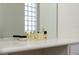 Bright bathroom vanity with decorative glass block window and mirror at 12185 Obelia Ln, Orlando, FL 32827