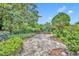 Lush backyard featuring stone pathway surrounded by mature trees and verdant landscaping at 1441 Sunnyside Dr, Maitland, FL 32751