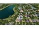 Aerial view showing a lake, houses, swimming pool, and tennis courts, all surrounded by lush greenery at 402 S Lake Victoria Cir, Deland, FL 32724