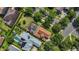 Overhead view of the property featuring a pool and a green manicured lawn surrounded by mature trees in a residential area at 402 S Lake Victoria Cir, Deland, FL 32724