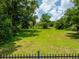 Spacious, green backyard with mature trees providing shade, framed by a black metal fence at 17524 Seidner Rd, Winter Garden, FL 34787