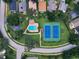 An aerial view shows a community pool, tennis courts and parking area in a residential neighborhood at 4019 Lake Mirage Blvd, Orlando, FL 32817