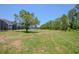 Large backyard with green grass and a small pond surrounded by trees at 2985 Buccaneer Palm Rd, Kissimmee, FL 34747