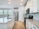 Modern kitchen featuring white cabinetry, stainless appliances, and stylish granite countertops at 4630 Socrates Way, Sanford, FL 32773